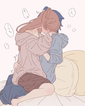 Rule 34 | 2girls, absurdres, blue hair, blush, brown hair, brown shorts, commentary request, cushion, grey hoodie, half updo, hand on another's waist, highres, hirogaru sky! precure, hood, hoodie, long hair, multiple girls, naku kaku, nijigaoka mashiro, parted lips, pink background, pink hoodie, precure, shorts, simple background, sora harewataru, speech bubble, sweat, translation request, yuri