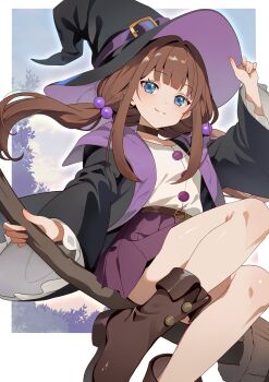 Rule 34 | 1girl, absurdres, ankle boots, arm up, belt, black coat, black hat, blue eyes, blush, boots, border, broom, broom riding, brown belt, brown boots, brown choker, brown hair, buttons, choker, closed mouth, coat, convenient leg, day, floating hair, fold-over boots, foot out of frame, hair bobbles, hair ornament, hand on headwear, hashtag-only commentary, hat, hat belt, highres, hm2ji, holding, holding broom, lips, long hair, long sidelocks, long sleeves, looking at viewer, low twintails, miniskirt, nijisanji, open clothes, open coat, outdoors, outside border, pleated skirt, purple belt, purple hat, purple skirt, shirt, shirt tucked in, sidelocks, sitting, skirt, smile, solo, twintails, two-sided fabric, two-sided headwear, virtual youtuber, white border, white shirt, wide brim, wide sleeves, witch, witch hat, yokaze yui