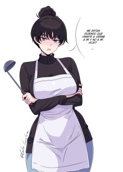1girl absurdres apron arms_under_breasts black_hair black_sweater blue_eyes breasts chainsaw_man check_translation commentary crossed_arms denim english_commentary gratam hair_bun highres holding holding_ladle jeans ladle large_breasts looking_at_viewer mitaka_asa&#039;s_mother narrow_waist open_mouth pants simple_background single_hair_bun solo spanish_text sweater talking translation_request turtleneck turtleneck_sweater twitter_username white_apron white_background wide_hips