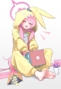 +_+ 1girl absurdres barefoot blue_archive blush_stickers chips_(food) cosplay cup dice fang feet food full_body hair_between_eyes halo highres hood hood_up kabanoki kigurumi koyuki_(blue_archive) koyuki_(pajamas)_(blue_archive) long_hair long_sleeves looking_at_viewer open_mouth pink_eyes pink_hair pink_halo potato_chips sitting smile soles solo toenails toes very_long_hair white_background