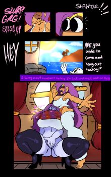 1futa 1girl ^_^ absurdres ass black_legwear blue_sky blush breasts closed_eyes cloud cloudy_sky embarrassed english_text futa_with_female futanari heart high_heels highres huge_penis large_breasts lemonadepikachu lipstick_mark lipstick_mark_on_penis long_hair looking_at_viewer masturbation penis purple_hair pussy risky_boots shantae shantae_(series) sky sun vaginal veins veiny_penis