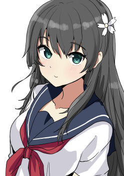 Rule 34 | 1girl, aqua eyes, black hair, blue sailor collar, blush, breasts, closed mouth, collarbone, commentary request, flower, hair between eyes, hair flower, hair ornament, head wreath, highres, long hair, looking at viewer, medium breasts, neckerchief, red neckerchief, sailor collar, saten ruiko, school uniform, serafuku, shirt, short sleeves, simple background, smile, solo, suberaku, toaru kagaku no railgun, toaru majutsu no index, upper body, white background, white flower, white shirt