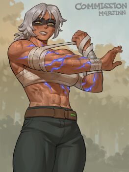1girl abs arm_tattoo arm_up artist_name bandaged_arm bandaged_chest bandages bare_shoulders belt black_pants brown_background brown_belt clenched_hand clenched_teeth commentary commission cowboy_shot dark-skinned_female dark_skin electricity english_commentary facial_tattoo grey_background grey_hair hand_up highres lips looking_to_the_side m4rjinn medium_hair mika_lunis_(badorkahdork) muscular muscular_female navel neck_tattoo nose open_hand open_mouth original pants ponytail ribs short_ponytail solo stomach_tattoo sweat tattoo teeth yellow_eyes