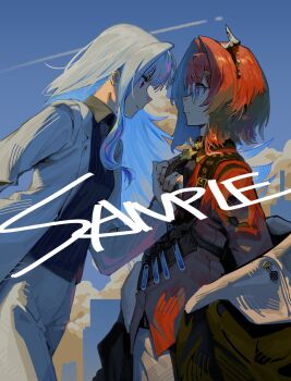 2girls ange_katrina bandolier belt black_coat black_shirt blue_eyes blue_sky chest_harness closed_mouth clothes_grab cloud coat coat_partially_removed collared_shirt commentary commission contrail costume_request english_commentary eye_contact face-to-face formal_clothes from_side glasses gradient_eyes hair_intakes hair_ornament hand_up harness highres jacket lapels lize_helesta long_hair long_sleeves looking_at_another medium_hair multicolored_eyes multiple_girls necktie neckwear_grab nijisanji notched_lapels official_alternate_costume open_clothes open_jacket pants pinstripe_pattern pinstripe_shirt purple_eyes red_hair red_shirt round_eyewear sample_watermark shirt short_necktie sky suit test_tube_holster virtual_youtuber watermark white_hair white_jacket white_pants white_suit zxjv