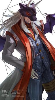 1boy astamon blue_pants blue_vest coat cowboy_shot demon_boy demon_wings denka_(cloudy-gray) digimon digimon_(creature) grey_coat grey_hair highres horns long_hair male_focus pants red_scarf red_shirt scarf shirt simple_background smirk solo vest watermark white_background wings