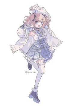 1girl arms_up artist_name black_choker blue_eyes blue_ribbon blue_skirt choker hair_ornament hair_ribbon highres indie_virtual_youtuber leg_up light_blush looking_at_viewer miniskirt misato_ran moo_n_moko multicolored_hair neck_ribbon open_mouth pink_hair ribbon short_twintails signature simple_background skirt smile solo streaked_hair thighhighs twintails twitter_username virtual_youtuber white_background white_thighhighs x_hair_ornament