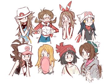 6+girls beanie black_hair blush brown_hair closed_eyes crying dawn_(pokemon) desegnajo649 gloria_(pokemon) hat highres hilda_(pokemon) leaf_(pokemon) long_hair lyra_(pokemon) may_(pokemon) multiple_girls nintendo pokemon pokemon_bw pokemon_dppt pokemon_frlg pokemon_hgss pokemon_oras pokemon_sm pokemon_swsh pokemon_xy ponytail scarf selene_(pokemon) serena_(pokemon) short_hair tears