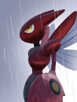 colored_skin commentary_request cowboy_shot gen_2_pokemon highres insect_wings looking_up nintendo no_humans pincers pokemon pokemon_(creature) rain red_carapace red_skin redamber334 reflective_surface scizor simple_background wet wings yellow_eyes