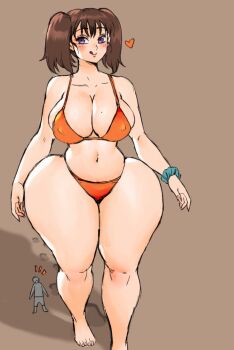 Rule 34 | 1boy, 1girl, barefoot, bikini, blush, bracelet, breasts, cleavage, covered erect nipples, curvy, diane (nanatsu no taizai), female focus, footprints, full body, heart, highres, huge breasts, jay-marvel, jewelry, long hair, looking at viewer, nanatsu no taizai, navel, purple eyes, skindentation, swimsuit, thick thighs, thighs, tongue, tongue out, twintails, wide hips