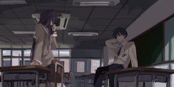 1boy 1girl arm_behind_head artist_request bad_id bad_pixiv_id blazer clannad classroom covered_mouth dark fujibayashi_kyou hidden_eyes hidden_face highres hikarizaka_private_high_school_uniform jacket long_hair looking_at_another necktie okazaki_tomoya purple_hair red_necktie sailor_collar school_uniform serafuku sitting sitting_on_table skirt