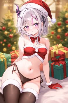 1girl absurdres ahoge bare_shoulders bibixart black_panties bow bowtie box breasts brown_thighhighs christmas_tree commission detached_collar fur_trim gift gift_box gloves hat highres horns medium_breasts multicolored_hair navel no_pants original panties parted_lips pink_eyes red_gloves red_hat santa_hat short_hair side-tie_panties single_horn sitting solo stomach strapless streaked_hair string_panties thighhighs tube_top underwear white_hair