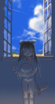 1girl animal_ears baigao-ji_(baigao) borrowed_character brown_eyes brown_hair cloud completely_nude covering_chest covering_privates day dog_ears dog_girl dog_tail fake_animal_ears fake_tail fooltizi gloves groin hair_ornament hairclip hand_to_own_mouth hat implied_object_insertion indoors kneehighs leash loli long_hair looking_at_viewer mouth_hold nude open_window original paw_gloves pussy pussy_juice single_glove sky smile socks solo standing sun_hat tail thighs unworn_gloves unworn_hat unworn_headwear v white_socks window