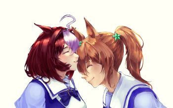 2girls ahoge alreathes_art animal_ears blush bow bowtie breasts brown_hair closed_eyes closed_mouth double-parted_bangs ear_ribbon hair_between_eyes hair_ornament hairband horse_ears horse_girl long_hair medium_hair meisho_doto_(umamusume) multicolored_hair multiple_girls pink_hairband ponytail purple_bow purple_bowtie purple_shirt sailor_collar sailor_shirt school_uniform shirt short_hair simple_background smile star_(symbol) star_hair_ornament taiki_shuttle_(umamusume) tracen_school_uniform two-tone_hair umamusume upper_body white_background white_hair white_sailor_collar yuri