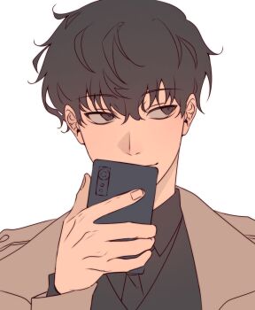 Rule 34 | 1boy, black eyes, black hair, black necktie, black shirt, black vest, brown coat, coat, collared shirt, hand up, highres, holding, holding phone, kim dokja, looking to the side, male focus, nadardoh, necktie, omniscient reader's viewpoint, phone, portrait, shirt, short hair, smirk, solo, vest
