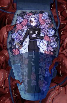 1boy absurdres aotsuki_eito black_boots black_pants blood boots chinese_commentary cryostasis_pod flesh flower flower_bed food fruit gakuran glasses gloves grey_hair highres holding holding_flower last_defense_academy_school_uniform looking_at_viewer lying male_focus mizongwenwu no_eyes on_back one_eye_covered pants purple_eyes school_uniform short_hair solo strawberry the_hundred_line_-last_defense_academy- white_gloves