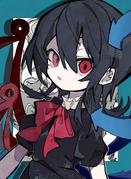 1girl absurdres asymmetrical_wings black_dress black_hair blue_wings bow bowtie commentary dress hair_between_eyes highres houjuu_nue looking_at_viewer medium_hair parted_lips red_bow red_bowtie red_eyes red_wings short_sleeves smile solo soresaki touhou two-tone_wings wings