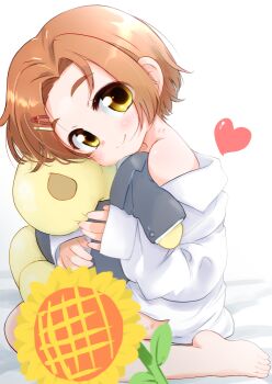 Rule 34 | 1girl, ajoea, barefoot, closed mouth, commentary request, flower, heart, holding, holding stuffed toy, idolmaster, idolmaster cinderella girls, looking at viewer, naked shirt, orange hair, ryuzaki kaoru, shirt, short hair, solo, stuffed toy, sunflower, toes, variant set, white shirt, yellow eyes