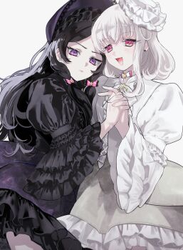 2girls absurdres asako_(itiba) black_dress black_hair blonde_hair blunt_bangs bob_cut bubble_skirt choker dress earrings frilled_dress frilled_sleeves frills goth_fashion gothic_lolita hair_ornament hairband hat headband highres holding_hands idol jewelry kimi_to_idol_precure leaning_on_person leaning_to_the_side lolita_fashion lolita_hairband long_hair long_sleeves low_twintails meroron_(fairy)_(precure) meroron_(precure) mini_hat miniskirt multiple_girls open_mouth parted_bangs pearl_hair_ornament pink_eyes precure puffy_sleeves purirun_(civilian)_(precure) purirun_(precure) purple_eyes ribbon_choker short_hair skirt smile sweet_lolita twintails upper_body very_long_hair white_dress