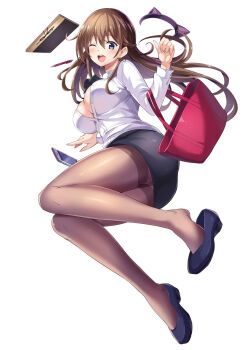 1girl ;o ass bag black_skirt blush boku_no_kanojo_sensei book breasts brown_hair carrying_bag cellphone cleavage earrings eyebrows_hidden_by_hair feet floating_hair fujiki_maka full_body handbag happy highres jewelry large_breasts legs long_hair looking_at_viewer one_eye_closed open_mouth oryo_(oryo04) pantyhose phone purple_eyes sdwing shoes simple_background skirt smile thighs unbuttoned unbuttoned_shirt white_background wink