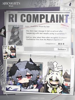 1boy 2girls angry animal_ear_fluff animal_ears arknights cat_ears cat_girl chibi demon_boy english_text head_wings highres infection_monitor_(arknights) kal'tsit_(arknights) kyou_039 logos_(arknights) multiple_girls official_art paper_stack pointy_ears rhodes_island_medic_(arknights) surprised wings writing