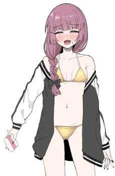 1girl alcohol_carton bikini black_nails bocchi_the_rock! braid drink_carton drunk gold_bikini hime_cut hiroi_kikuri holding_carton jacket letterman_jacket non-web_source purple_hair single_braid smile source_request swimsuit