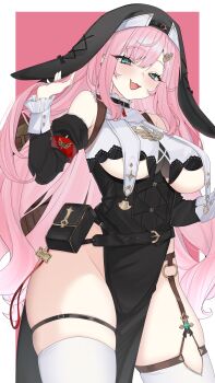 1girl :3 absurdres animal_ears armpit_crease bare_shoulders belt belt_pouch black_choker black_dress black_sleeves black_veil blue_eyes breast_curtains breasts choker commentary cowboy_shot detached_sleeves dress ear_piercing fake_animal_ears fang gerie_(stella_sora) hair_ornament hairclip hand_up highres large_breasts long_hair long_sleeves looking_at_viewer mugripley no_panties open_mouth pelvic_curtain piercing pink_hair pouch skin_fang skindentation sleeveless sleeveless_dress smile solo standing stella_sora thick_thighs thigh_strap thighhighs thighs underboob veil very_long_hair white_thighhighs