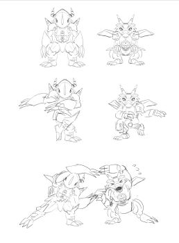 armor chibi cyborg digimon digimon_(creature) dragon dragon_ball dragonball_z fusion_dance helmet highres horns mechanical_wings metalgarurumon sawadafy simple_background sketch wargreymon white_background wings wolf