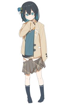 1girl absurdres aged_down black_collar black_hair black_socks blue_bow blue_eyes blue_hair blue_sweater blush bow bowtie bright_pupils brown_jacket brown_skirt clothes_pull collar collared_shirt colored_inner_hair commentary_request crossed_bangs double-parted_bangs dress_shirt full_body hair_between_eyes hair_bow hair_ornament hairpin highres jacket kneehighs long_sleeves loose_clothes medium_hair miyamai_moca multicolored_hair open_clothes open_jacket orange_bow orange_bowtie pleated_skirt pout shirt sidelocks simple_background skirt skirt_pull sleeves_past_fingers sleeves_past_wrists socks solo standing streaked_hair sweater tuitou v-neck voiceroid white_background white_pupils white_shirt