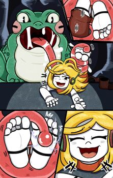 1girl absurdres barefoot curly_brace doukutsu_monogatari feet frog highres licking licking_foot mintytoid robot robot_girl shoe_removal soles tickling