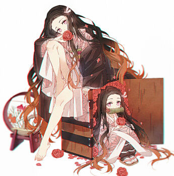 1girl bamboo barefoot bit_gag black_hair box brown_hair commentary_request flower forehead gag gradient_hair hair_ribbon hakusai_(tiahszld) head_tilt japanese_clothes kamado_nezuko kimetsu_no_yaiba kimono knee_up knees_up long_hair looking_at_viewer multicolored_hair multiple_views obi open_clothes pink_kimono pink_ribbon purple_eyes red_flower red_rose ribbon rose sash simple_background sitting very_long_hair white_background