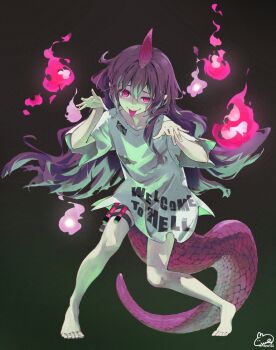 1girl :p a-one barefoot black_background clothes_writing commentary_request gradient_background green_background hair_between_eyes hitodama holster horns lizard_tail long_hair looking_at_viewer oversized_clothes oversized_shirt pointy_ears purple_eyes purple_hair purple_horns purple_tail shirt short_sleeves simple_background single_horn solo standing syuri22 tail tenkajin_chiyari test_tube thigh_holster tongue tongue_out torn_clothes touhou