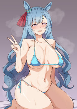 1girl absurdres aki_(mmtghdak) animal_ears areola_slip bikini blue_bikini blue_hair blush braid breasts cleavage collarbone commentary_request crown_braid ear_ornament half-closed_eyes hand_up highres horse_ears horse_girl horse_tail huge_breasts long_hair looking_at_viewer mejiro_ardan_(umamusume) navel open_mouth purple_eyes seiza sitting smile solo stomach swimsuit tail thighs umamusume wet