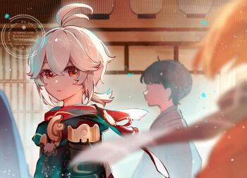 Rule 34 | 3boys, :o, antenna hair, armor, black hair, black haori, black scarf, blue scarf, blurry, blurry foreground, commentary request, crossed bangs, genshin impact, hair between eyes, haori, highres, indoors, jagabokkuru, japanese armor, japanese clothes, kaedehara kazuha, kazuha's friend (genshin impact), lantern, light particles, looking at another, looking to the side, low ponytail, male focus, medium hair, multiple boys, paper lantern, parted lips, pom pom (clothes), ponytail, red eyes, red scarf, scarf, short hair, shouji, shoulder armor, sidelocks, sliding doors, sode, tassel, watermark, white hair