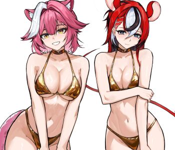 2girls absurdres animal_ears bare_shoulders bikini black_hair blush breasts choker cleavage closed_mouth collarbone commentary english_commentary eyeshadow gold_bikini gold_choker grin hair_intakes hakos_baelz highres hololive hololive_english large_breasts looking_at_viewer makeup medium_hair mouse_ears mouse_girl mouse_tail multicolored_hair multiple_girls navel panther_ears panther_girl panther_tail pink_hair pink_tail purple_eyes raora_panthera red_eyeshadow red_hair red_tail simple_background smile stomach streaked_hair swimsuit tail teeth thighs ttsyrene two-tone_hair virtual_youtuber white_background white_hair yellow_eyes