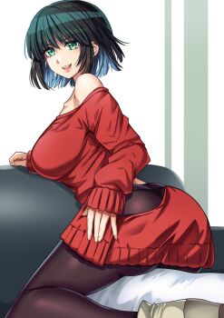 1girl artist_name ass breasts cosplay feet_out_of_frame fubuki_(one-punch_man) green_eyes green_hair hayami_saori highres large_breasts looking_back maroonabyss one-punch_man open_mouth pants red_sweater short_hair smile spy_x_family sweater voice_actor_connection yor_briar yor_briar_(cosplay)