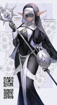 1girl absurdres black_dress black_gloves bluesky_username breasts buckler closed_mouth commentary_request cross dress eye_mask flower gloves highres hitowa holding holding_staff lips mask mole mole_under_mouth nun original pelvic_curtain pointy_ears qr_code shield signature solo staff twitter_username white_flower