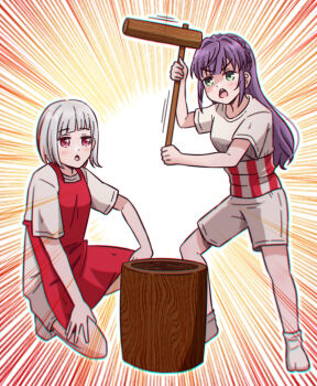 Rule 34 | 2girls, akihitohappy, apron, blush, braid, chromatic aberration, commentary request, crown braid, d:, full body, green eyes, grey hair, haramaki, highres, holding, holding mallet, kine, link! like! love live!, love live!, mallet, mochitsuki, mortar (bowl), multicolored hair, multiple girls, official alternate hairstyle, on one knee, open mouth, otomune kozue, otomune kozue (post-graduation), purple hair, red apron, red hair, shirt, short sleeves, shorts, sidelocks, socks, streaked hair, t-shirt, tabi, virtual youtuber, white shirt, white shorts, white socks, yugiri tsuzuri, yugiri tsuzuri (post-graduation)