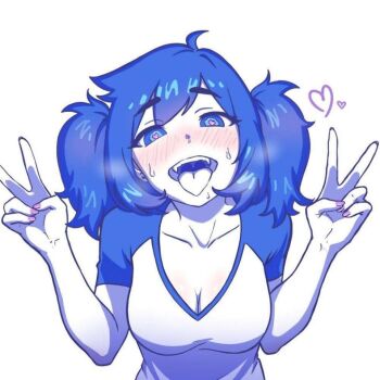 1girl ahegao blue_theme blush breasts commentary_request double_v heart heart-shaped_pupils large_breasts limited_palette mimundoalex original pink_nails raglan_sleeves solo spanish_commentary sweat symbol-shaped_pupils tongue tongue_out twintails upper_body v