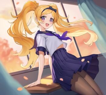 1girl :d absurdres blonde_hair blush brown_pantyhose classroom commentary desk emily_stewart floating_hair highres idolmaster idolmaster_million_live! indoors leaning_on_table long_hair looking_at_viewer neckerchief open_mouth pantyhose pleated_skirt purple_eyes purple_neckerchief ransol school_desk shirt short_sleeves skirt smile solo symbol-only_commentary twintails white_shirt window