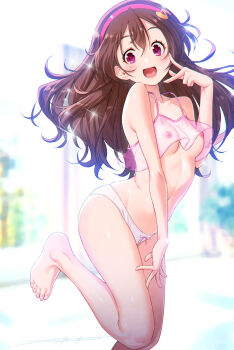 1girl :d absurdres barefoot bow bow_panties bra breasts brown_hair commentary_request fortissimo hair_ornament hairband highres kazuma_muramasa kimi_to_idol_precure long_hair looking_at_viewer musical_note musical_note_hair_ornament navel nipples open_mouth panties pink_bow pink_bra pink_eyes pink_hairband precure sakura_uta_(precure) see-through_bra see-through_clothes small_breasts smile solo stomach underwear underwear_only white_panties