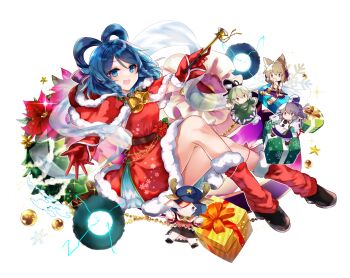 1girl alternate_costume animal_ears antlers bell blue_eyes blue_hair box capelet character_doll chisel deer_ears doll dress drill_hair drill_sidelocks flower flower_request fur-trimmed_capelet fur-trimmed_dress fur_trim game_cg gift gift_box gloves hagoromo hair_ornament hair_rings hair_stick hakurei_frontier_spell_strive highres holding horns kaku_seiga kutsuki_kai leg_warmers looking_at_viewer miyako_yoshika mononobe_no_futo neck_bell official_art open_mouth print_dress red_capelet red_dress red_flower red_gloves red_leg_warmers reindeer_antlers sack santa_costume shawl shoes sidelocks smile snowflake_print snowflakes soga_no_tojiko solo star_(symbol) third-party_source touhou toyosatomimi_no_miko transparent_background