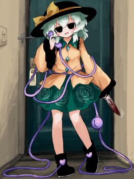 Rule 34 | 1girl, black boots, black eyes, black hat, blood, bloody knife, blush, boots, bow, buttons, collared shirt, commentary request, diamond button, floral print, floral print skirt, frilled shirt collar, frilled sleeves, frills, full body, green hair, green skirt, hand up, hat, hat bow, heripantomorrow, highres, holding, holding knife, holding phone, knife, komeiji koishi, medium hair, open mouth, phone, print skirt, rose print, shirt, skirt, sleeves past wrists, solo, third eye, touhou, wide sleeves, yellow bow, yellow shirt