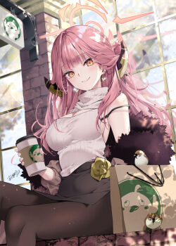 1girl akatsuki_hijiri alternate_costume aru_(blue_archive) bag bare_shoulders black_pantyhose blue_archive breasts cleavage closed_mouth cup demon_horns disposable_cup earrings highres horns indoors jewelry orange_eyes pantyhose pink_hair shopping_bag sitting skirt smile solo sweater