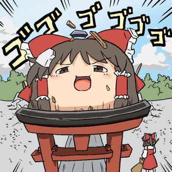 Rule 34 | 2girls, :d, blue sky, bow, brown eyes, brown hair, cloud, day, destruction, detached sleeves, dress, emphasis lines, frilled bow, frilled hair tubes, frills, full body, hair bow, hair tubes, hakurei reimu, hakurei shrine, in-universe location, kamemaru91, menacing (jojo), multiple girls, open mouth, outdoors, red bow, red dress, short hair, sky, sleeveless, sleeveless dress, smile, standing, torii, touhou, white sleeves, yukkuri shiteitte ne