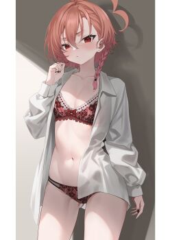 1girl ahoge black_nails blue_archive blush bra braid breasts cleavage earrings gluteal_fold grey_background hair_between_eyes hair_tie highres huge_ahoge jewelry koisuke lace lace-trimmed_bra lace_panties lace_trim lingerie mole mole_under_each_eye mole_under_eye multiple_moles neru_(blue_archive) open_clothes open_shirt orange_hair panties red_bra red_eyes red_panties shadow shirt short_hair side_braid small_breasts solo standing unbuttoned unbuttoned_shirt underwear white_shirt