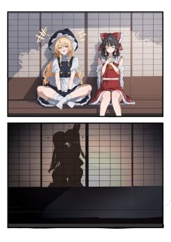258n 2girls absurdres apron ascot black_dress black_hair black_hat blonde_hair buttons detached_sleeves dress hair_ribbon hakurei_reimu hat highres japanese_clothes kirisame_marisa kiss long_hair miko multiple_girls red_ascot red_dress red_ribbon ribbon sarashi silhouette socks touhou white_socks witch_hat yuri