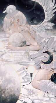 1girl albino arm_tattoo blue_eyes crescent_moon dress fantasy feathered_wings fishnet_pantyhose fishnets frilled_dress frills full_moon galaxy highres light_bulb limited_palette lipstick long_hair majamari makeup moon original pantyhose rabbit space star_(sky) surreal tattoo white_dress white_hair wings wire