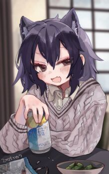 1girl alternate_costume animal_ears black_hair blush brown_eyes can casual collared_shirt common_raccoon_(kemono_friends) drink_can edamame extra_ears grey_hair hair_between_eyes highres kemono_friends knit_sweater long_sleeves multicolored_hair nanana_(nanana_iz) raccoon_ears raccoon_girl shirt short_hair sidelocks solo sweater white_shirt white_sweater