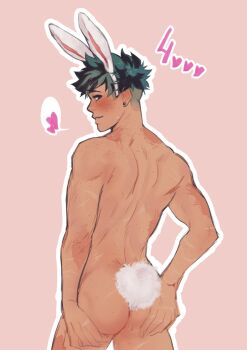 1boy anal_beads anal_tail animal_ears ass back blush boku_no_hero_academia butt_plug cowboy_shot earrings fake_animal_ears fake_tail freckles from_behind green_eyes green_hair highres jewelry looking_at_viewer looking_back male_focus midoriya_izuku rabbit_ears rabbit_tail scar scar_on_arm scar_on_back scar_on_leg short_hair solo spacenipnops tail twitter_strip_game undercut