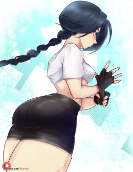 1girl adjusting_clothes adjusting_gloves ass black_gloves black_hair black_shorts braid braided_ponytail closed_mouth commentary cowboy_shot dragon_ball dragonball_z english_commentary fingerless_gloves from_behind gloves highres long_hair looking_afar patreon_username pointy_nose puffphox shirt short_sleeves shorts solo thighs videl white_shirt